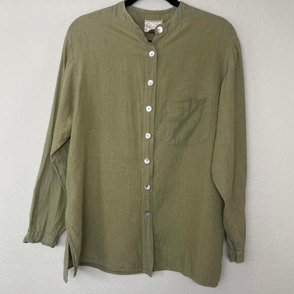 100% Linen Olive Green Long Sleeve Button Up Relaxed Fit Size Small - Picture 3 of 8